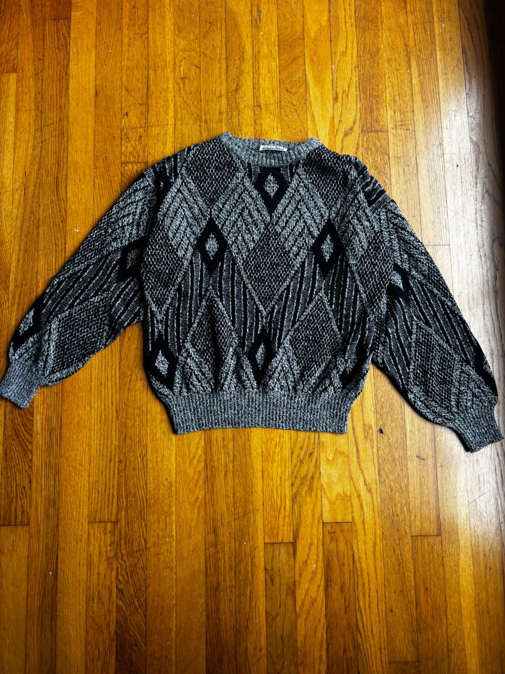 Vintage Black and Gray Diamond Knit Crewneck Sweater